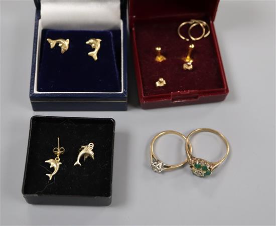 Two 9ct gold and gem set rings and two pairs of dolphin ear studs etc.